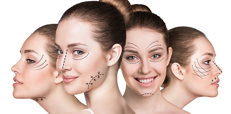 Beautiful faces of young woman with arrows isolated on white; plastic reconstructive surgery results